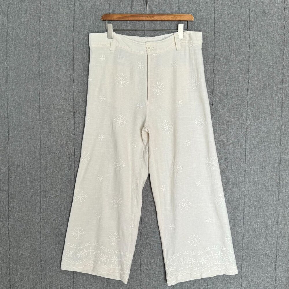 Zara Linen Blend Ivory / Light Cream High Rise Embroidered Wide Leg Pants XL